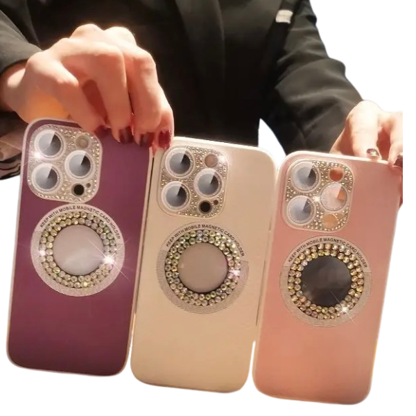 "Elegancia y Protección: Funda de Cuero con Strass para iPhone, Max y Plus - Lujo Brillante+Anticaída" 