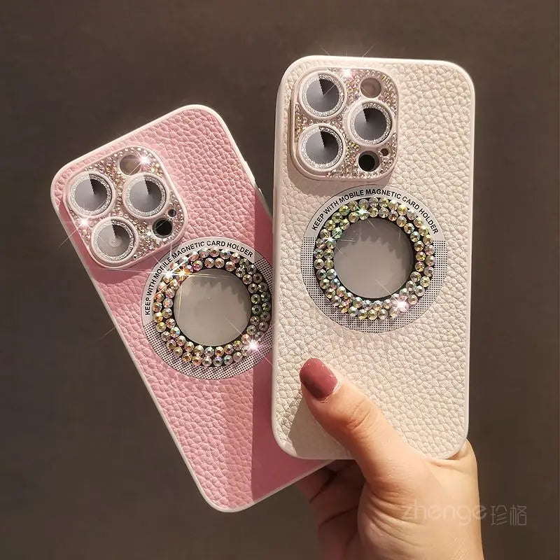 "Elegância e Proteção: Capa de Couro com  Strass para iPhone, Max e Plus - Luxo Brilhante+Anti-Queda"