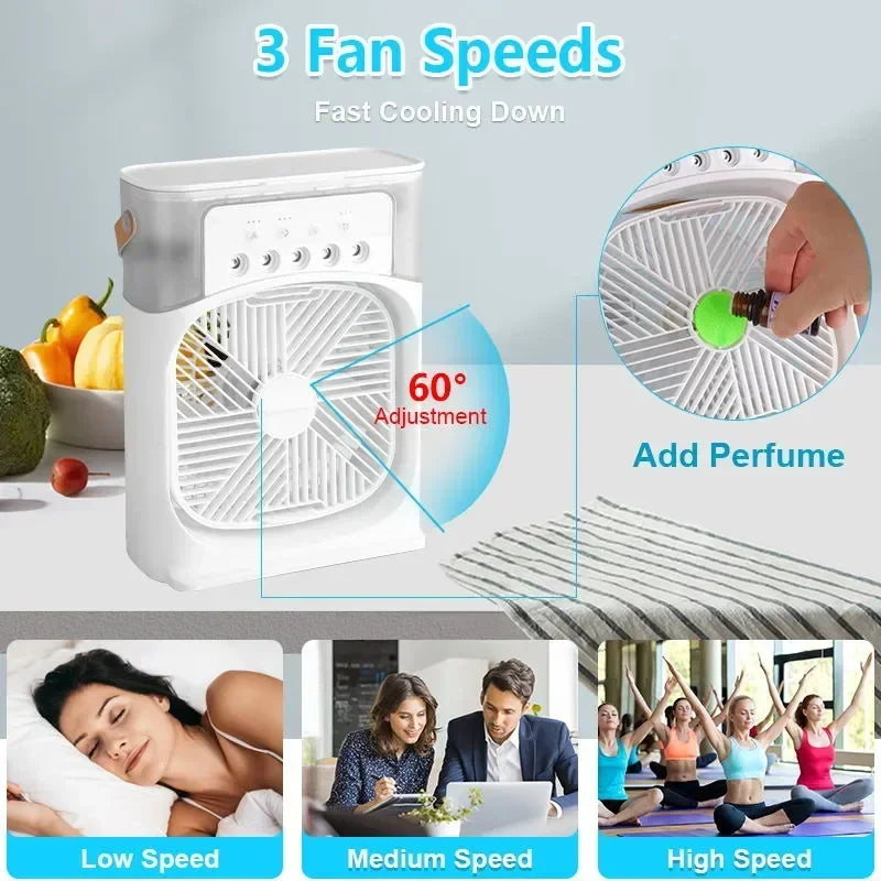 Small Air Cooler Fan, 3 in 1 Air Conditioner, LED Night Light, Portable Humidifier, Air Adjustment, Office, Home. 