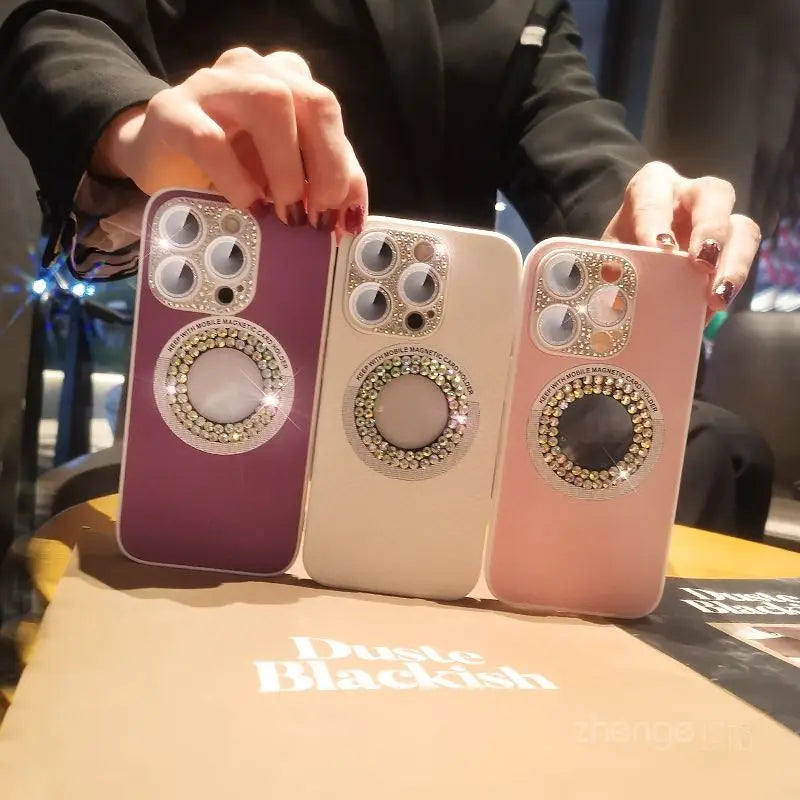 "Elegancia y Protección: Funda de Cuero con Strass para iPhone, Max y Plus - Lujo Brillante+Anticaída" 