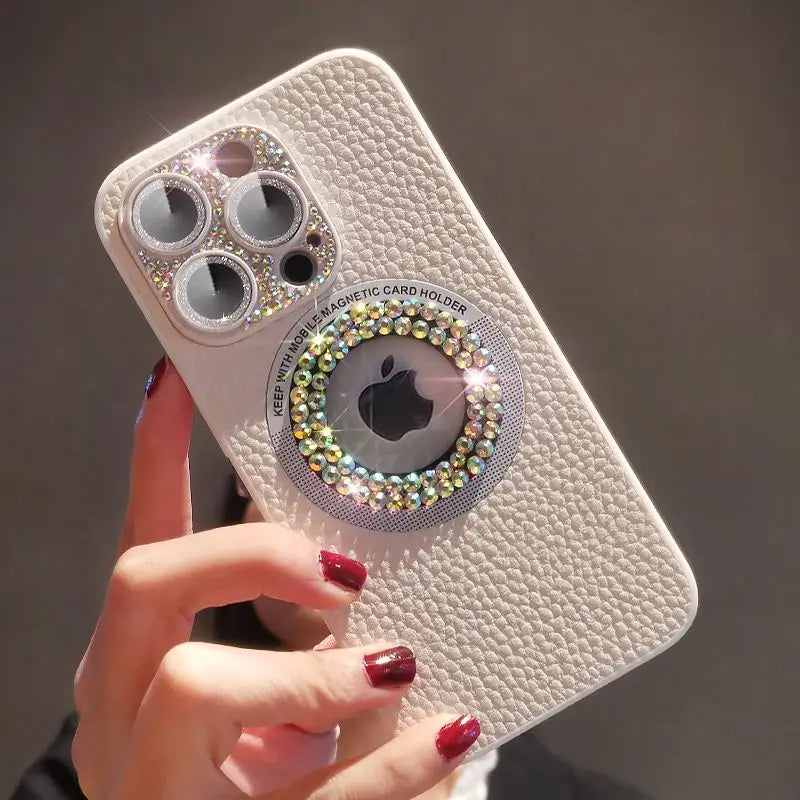 "Elegancia y Protección: Funda de Cuero con Strass para iPhone, Max y Plus - Lujo Brillante+Anticaída" 