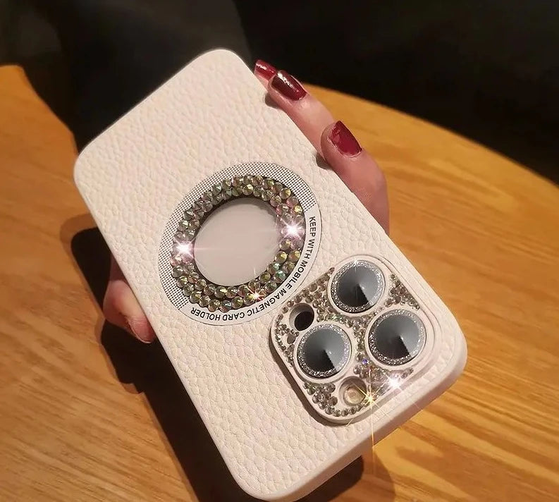 "Elegancia y Protección: Funda de Cuero con Strass para iPhone, Max y Plus - Lujo Brillante+Anticaída" 